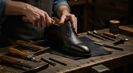 Skilled artisan repairing a brown leather shoe with tools in a rustic workshop setting