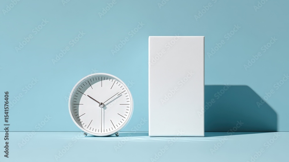 Poster simple white clock and blank box on light blue background perfect for time management or deadline co
