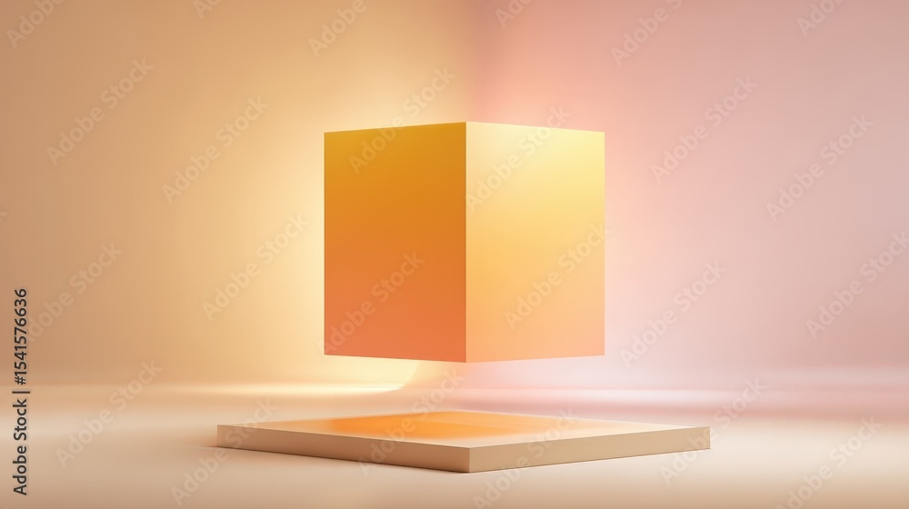 Poster abstract orange and pink cube floating above platform minimalist product display background
