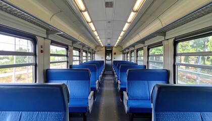 Interior of a passenger train car.  Blue seats, white walls, windows