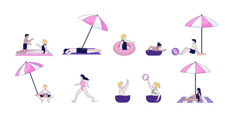 Diverse bathers enjoying beach activities 2D cartoon characters set. Sunbathing relaxing under umbrellas, swimming flat vector faceless people isolated on white. Spot illustrations collection