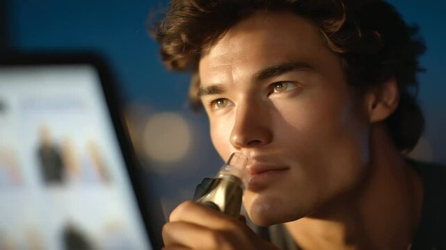 Young man using inhaler test with lung capacity chart