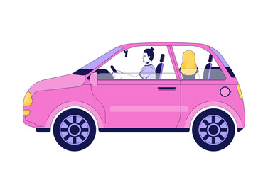 European couple driving in pink compact car 2D cartoon characters. Road trip, travel. Man driver, woman sitting in passenger seat flat vector people isolated on white. Spot illustration colorful