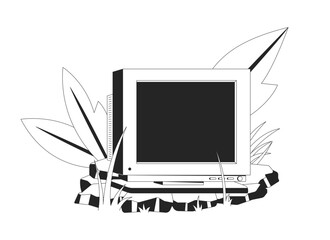 Abandoned CRT monitor in nature 2D line object. Old technology in rocky lush tropical plants. Y2K tech. Electronics nostalgia isolated clipart vector ink outline item. Monochrome spot illustration