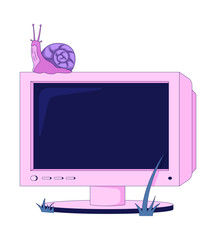 Snail perched atop pink CRT monitor 2D cartoon object. Retro technology with grass blades. Y2K tech natural. Electronics nostalgia isolated element flat vector clip art on white. Spot illustration