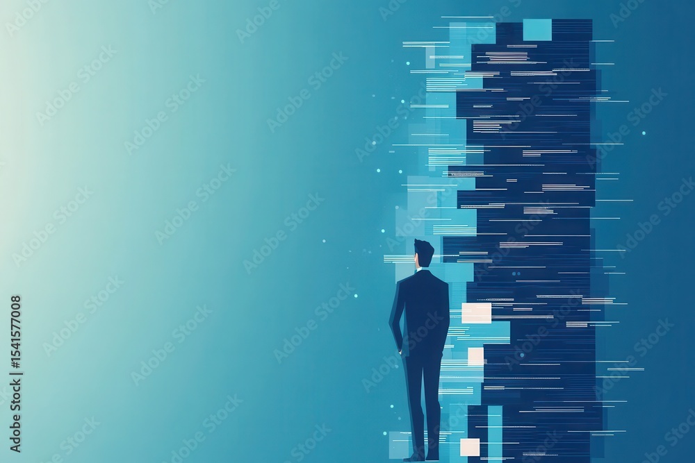 Poster businessman standing in front of abstract data skyscraper visualization symbolizing technology and i