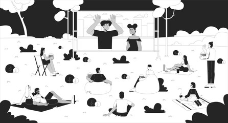Obraz na płótnie Canvas Outdoor movie night in park line illustration. Open-air film festival. People watching cinema screen on picnic blankets with popcorn 2D ink linear characters monochrome. Flat outline vector image
