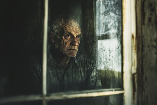 Elderly man gazing pensively through a dusty window at dusk