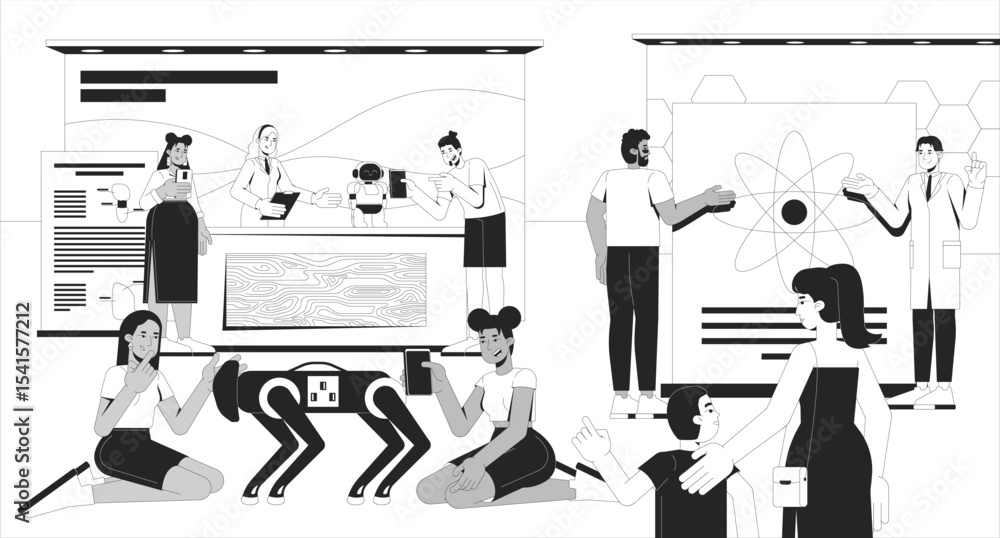 Poster science festival stem fair line illustration. robotics engineer, scientist showcasing robot dog, phy