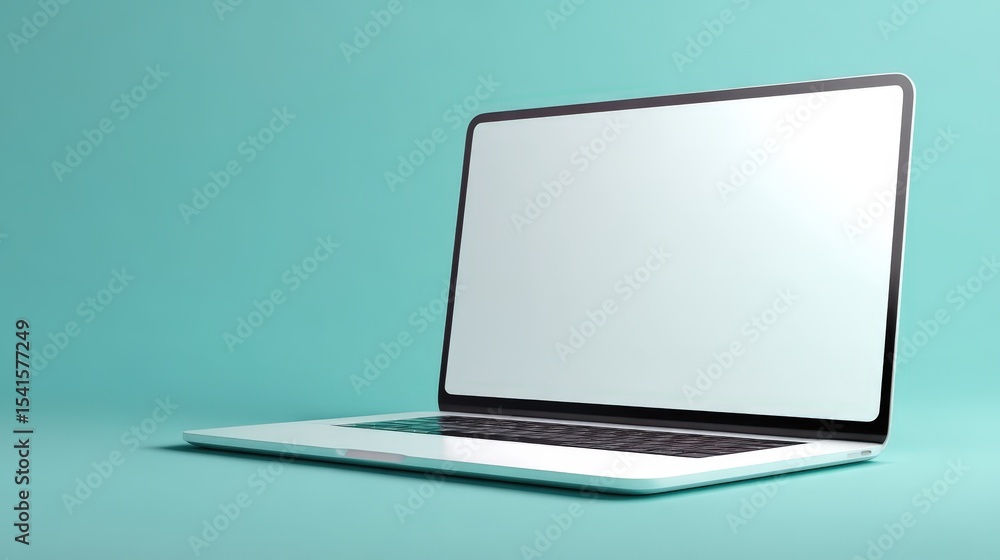 Poster modern laptop computer with blank screen on aqua background ideal for mockups and technology present