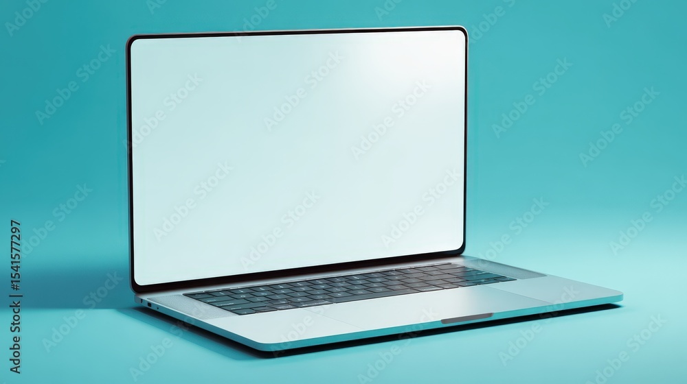 Poster modern silver laptop computer with blank screen on teal background ideal for mockups and technology 