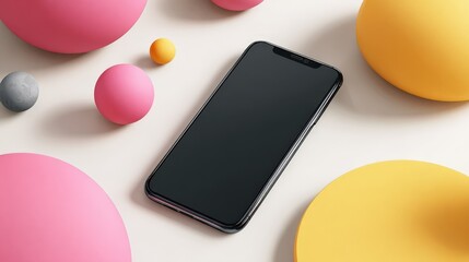 Modern Smartphone Mockup on White Background with Colorful Spheres A clean and stylish product presentation
