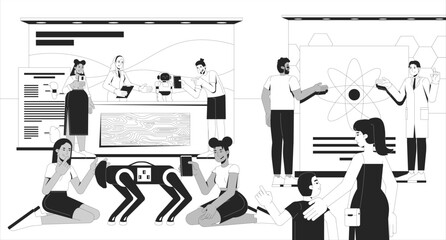 Science festival STEM fair line illustration. Robotics engineer, scientist showcasing robot dog, physics research to visitors 2D ink linear characters monochrome. Flat outline vector image