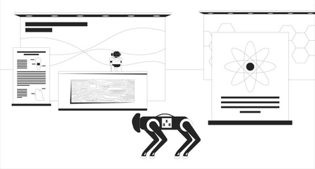 Empty robotics and technology science exhibition line illustration backdrop. Robots expo hall. Trade show. STEM fair display, educational booths 2D ink outline monochrome background. Lineart vector