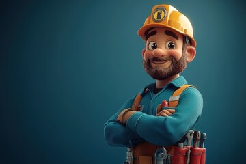 Cheerful construction worker in a yellow hard hat poses confidently against a blue background in this vibrant character design
