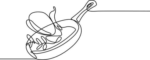 Continuous one line Frying pan isolated on transparent background. Kitchen utensils for cooking. Vector Illustration