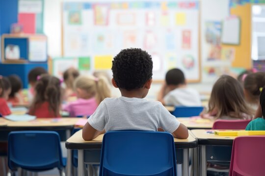 Students engaged in learning at a colorful classroom in the morning