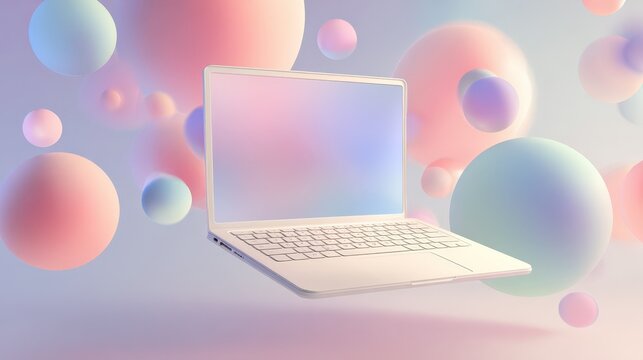 Modern Pastel Laptop Computer Floating Among Abstract Spheres Digital Technology Background - Powered by Adobe