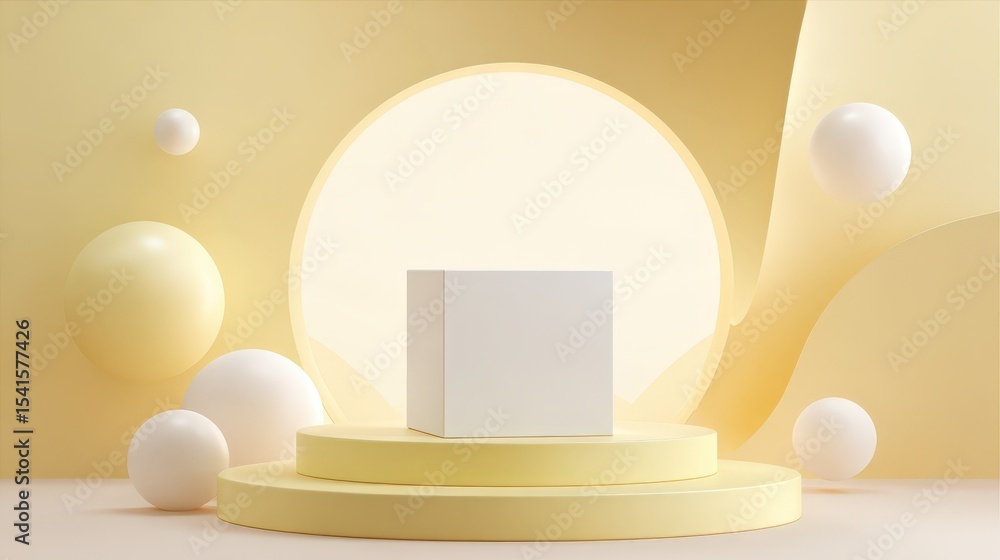Poster pastel yellow abstract background with white cube product display and floating spheres