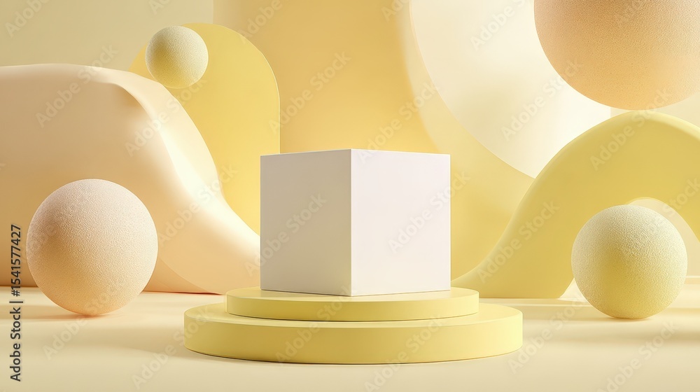 Poster elegant pastel yellow product display platform with white cube and abstract shapes