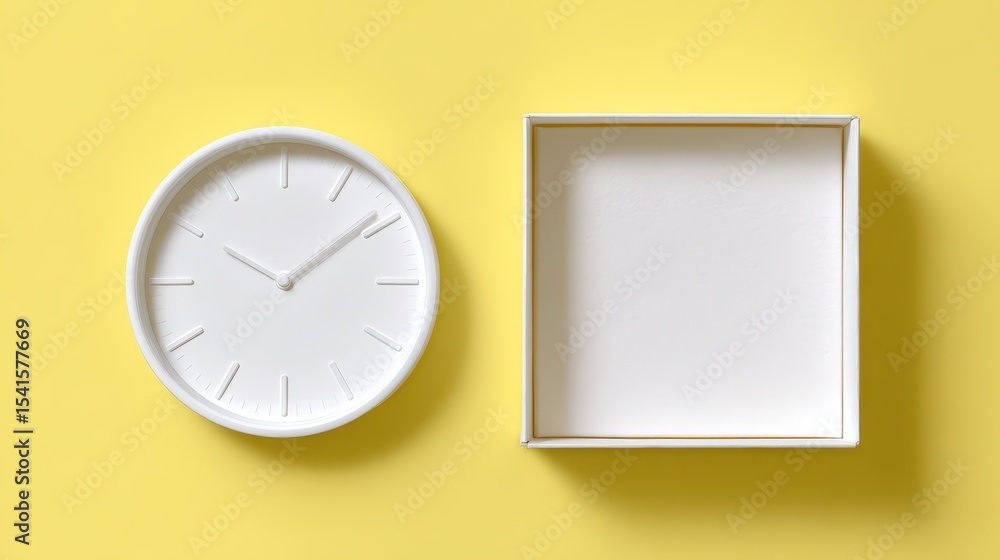 Poster white clock and empty box on yellow background minimalist time management concept