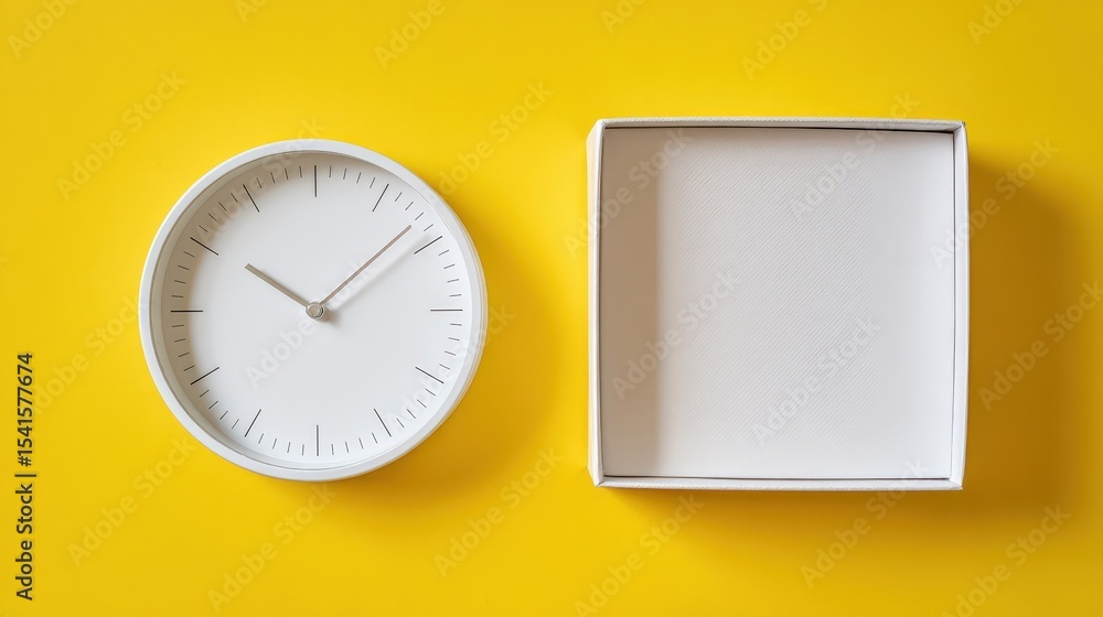 Poster white clock and empty box on yellow background time management and delivery concept