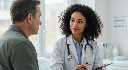 Doctor consulting with patient in a bright clinic, discussing health concerns with medical tools visible