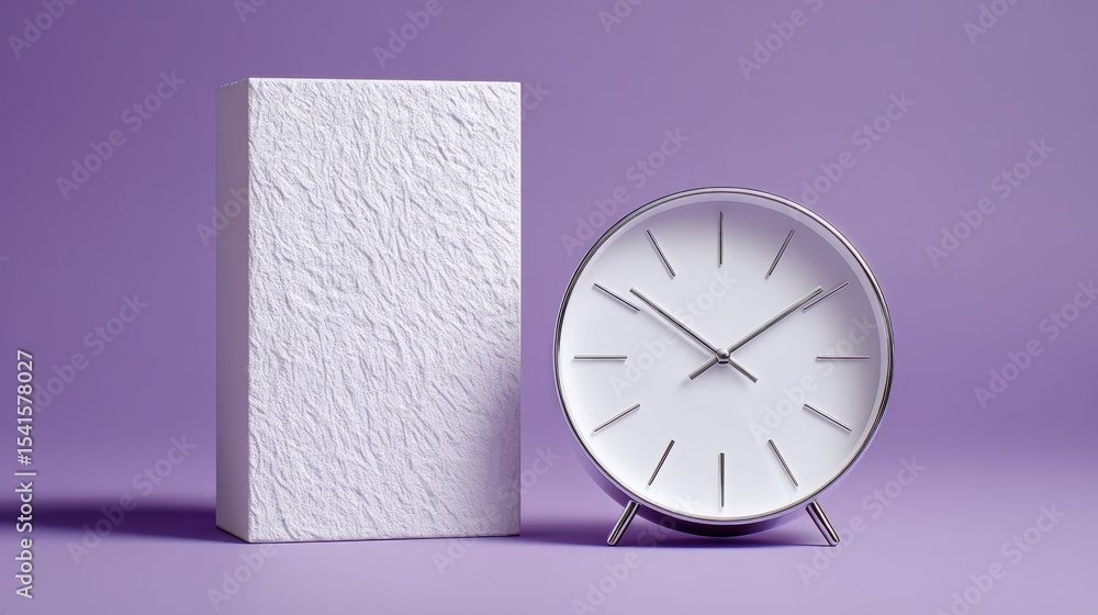 Poster modern white clock and textured block on purple background time management and minimalist design con
