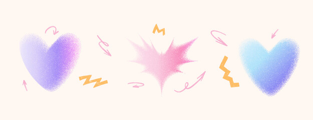 Grain color noise gradient hearts shape set. Y2k retro dating forms icons isolated on beige background. Trendy effect with blurry dotwork texture. Vector illustration collection.