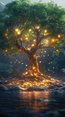 Enchanted Tree by Water: Golden Leaves Reflecting in Serene Pond