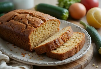 Loaf of homemade zucchini bread with slices on plate, styled with raw ingredients nearby, wholesome kitchen feel.