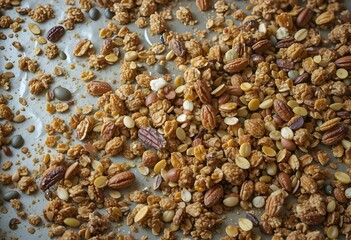 Overhead of homemade granola cooling on baking sheet with nuts, seeds, and honey drizzle, natural textures.