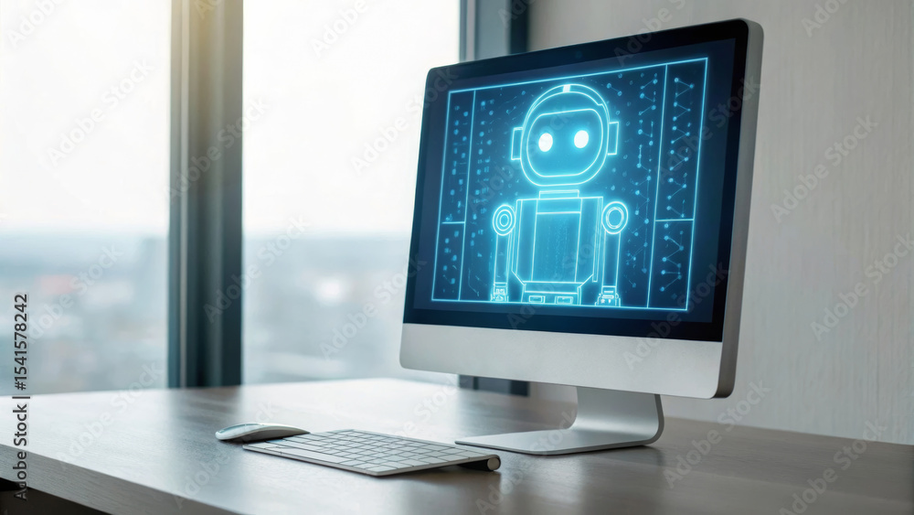 Poster ai robot computer technology digital office modern innovation support. ai support for remote teams w