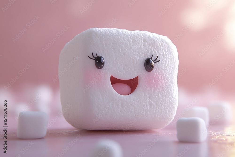 Poster cute smiling marshmallow character on a pink background with smaller marshmallows scattered around f