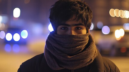 Young South Asian man wearing a thick scarf in a cold urban environment at night.
