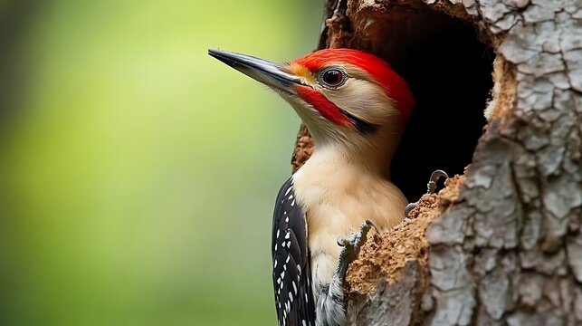 Northern flicker woodpecker on a tree building its nest