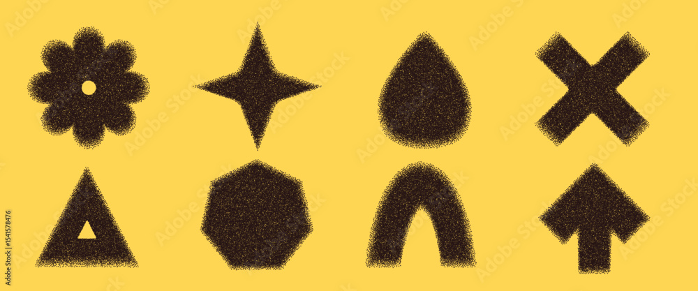 Poster noise gradient geometric shape set. y2k stippling arch, drop and circle with flower forms. black arr
