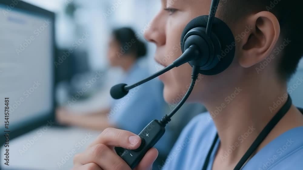 Poster healthcare call center tech support agent headset volume adjustment working computer office environm
