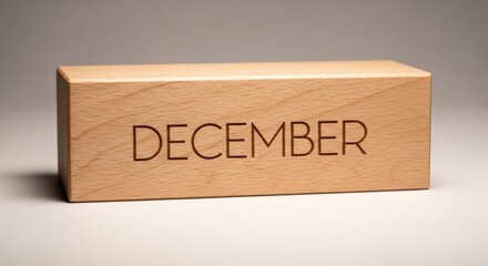 A wooden block with the word december engraved on it sitting on a white surface in the studio light