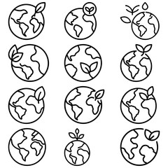 Collection of earth icons with leaves representing ecology and environmental conservation efforts