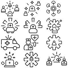 Fototapeta premium Collection of medical icons featuring ambulance, doctor, and various health related symbols in outline style