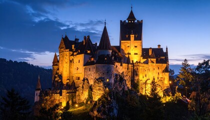 Obraz premium Medieval castle at twilight, lit golden