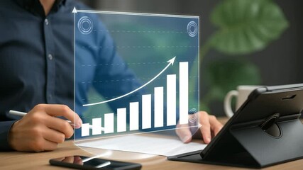 Businessman Analyzing Financial Growth with Digital Bar Chart Using Stylus on Tablet