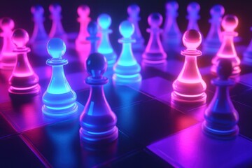 Categorized pawn clusters glowing in neon hues, abstract marketing visualization