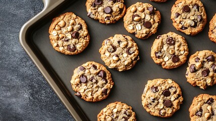 Oats cookies with hazelnuts and chocolate chips on a baking sheet