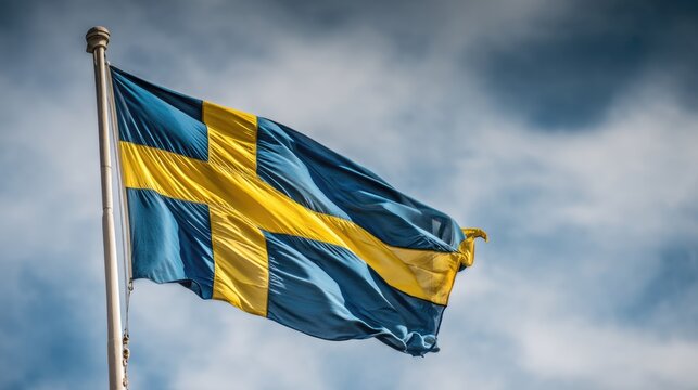 Swedish flag billows gracefully against sky. Blue and yellow colors symbolize the country's heritage and pride. Golden cross represents Christianity and unity. Freedom and national identity.