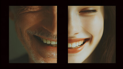 A detailed closeup of shared laughter between a grandfather and teen granddaughter during a video call. Both faces are bright with smiles, teeth showing, and eyes crinkled with genuine emotion. The