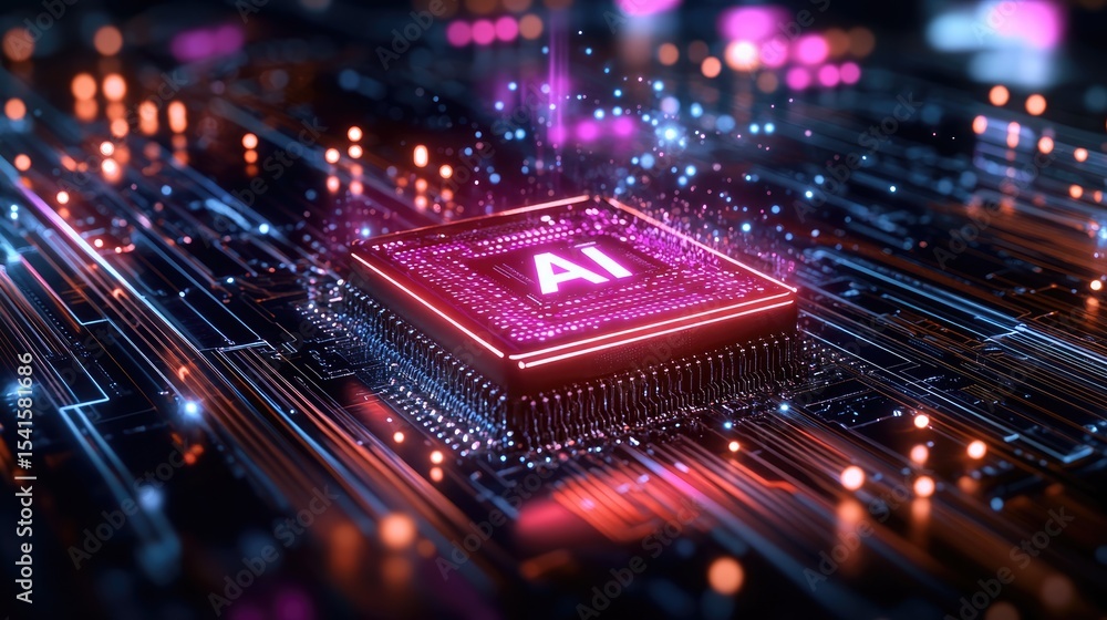 Poster ai microchip: a glowing ai microchip is the central focus, set against the intricate circuitry of a 