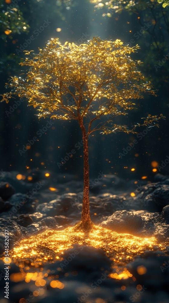 Poster enchanted golden tree in forest with ethereal light