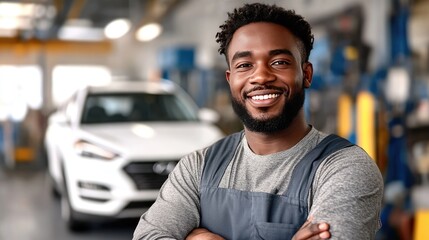 Master Mechanic: A confident mechanic, smiling brightly with arms crossed, embodies expertise in the auto repair shop, with the shining car in the background.